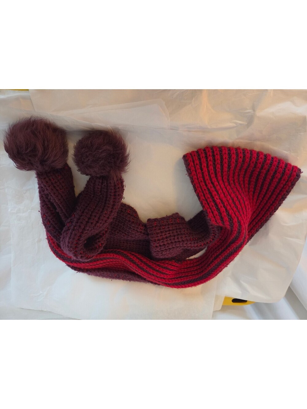 UGG Australia Wool Blend Chunky Knit Scarf Burgundy Red Faux Fur Pom Poms